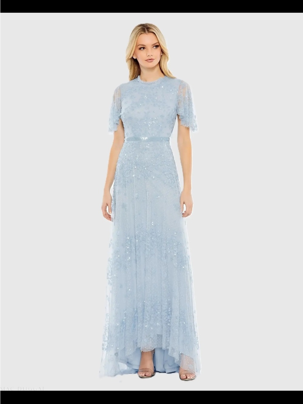 Mac Duggal Powder Blue Sequined Lace Maxi Gown